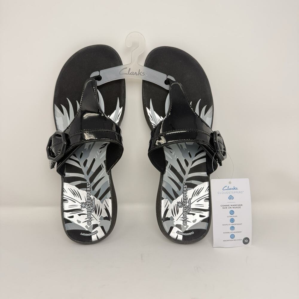 Women’s Thong Sandals Black Patent Size 10 M Comfort Clarks Breeze Cove H New